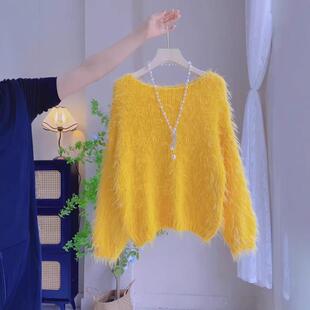 黄色一字领慵懒风软糯针织衫女秋冬仿水貂绒软软糯糯流苏套头毛衣