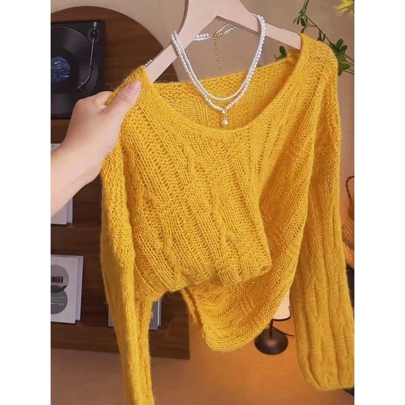 黄色V领时尚长袖针织衫女早秋季套头上衣韩系慵懒风麻花软糯毛衣