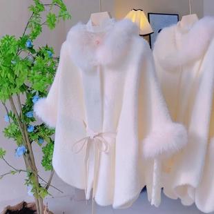 斗篷毛领大衣女秋冬高级感气质百搭中长款加厚外套名媛风绑带披肩