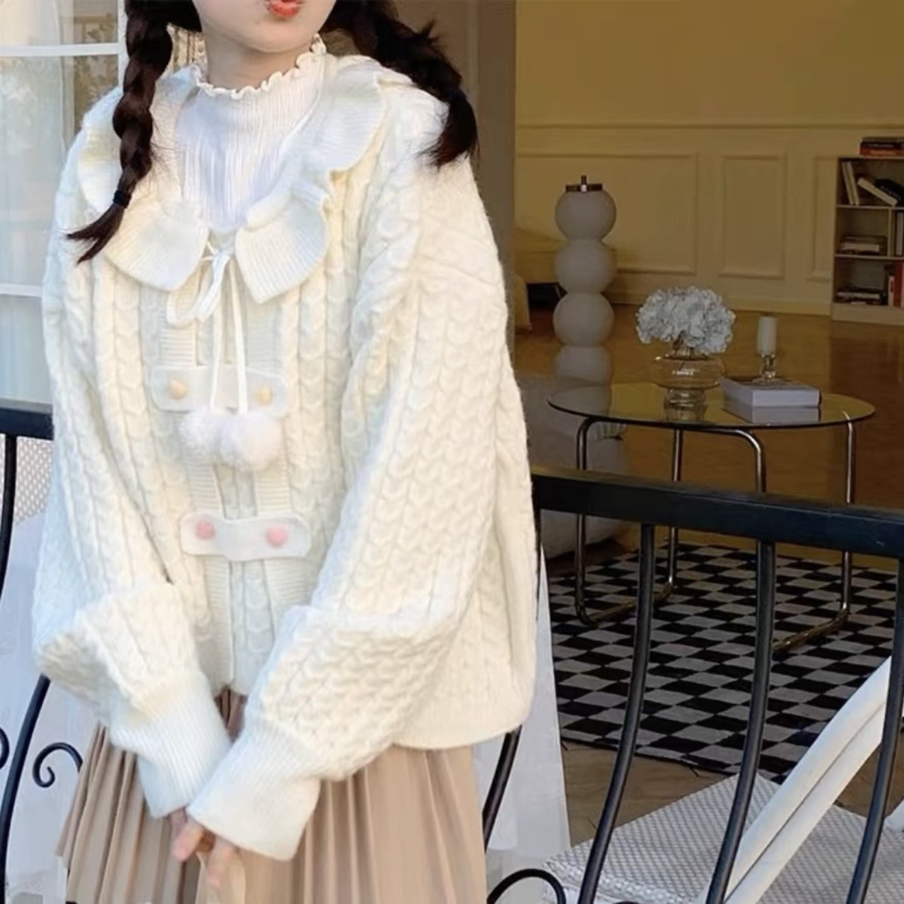 B619-38粉扣荷叶边麻花套头毛衣学院风秋冬加厚针织衫上衣,女装/女士精品,毛针织衫,淘宝优惠券,粉丝福利购,淘宝优惠卷