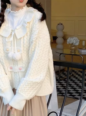 B619-38粉扣荷叶边麻花套头毛衣学院风秋冬加厚针织衫上衣