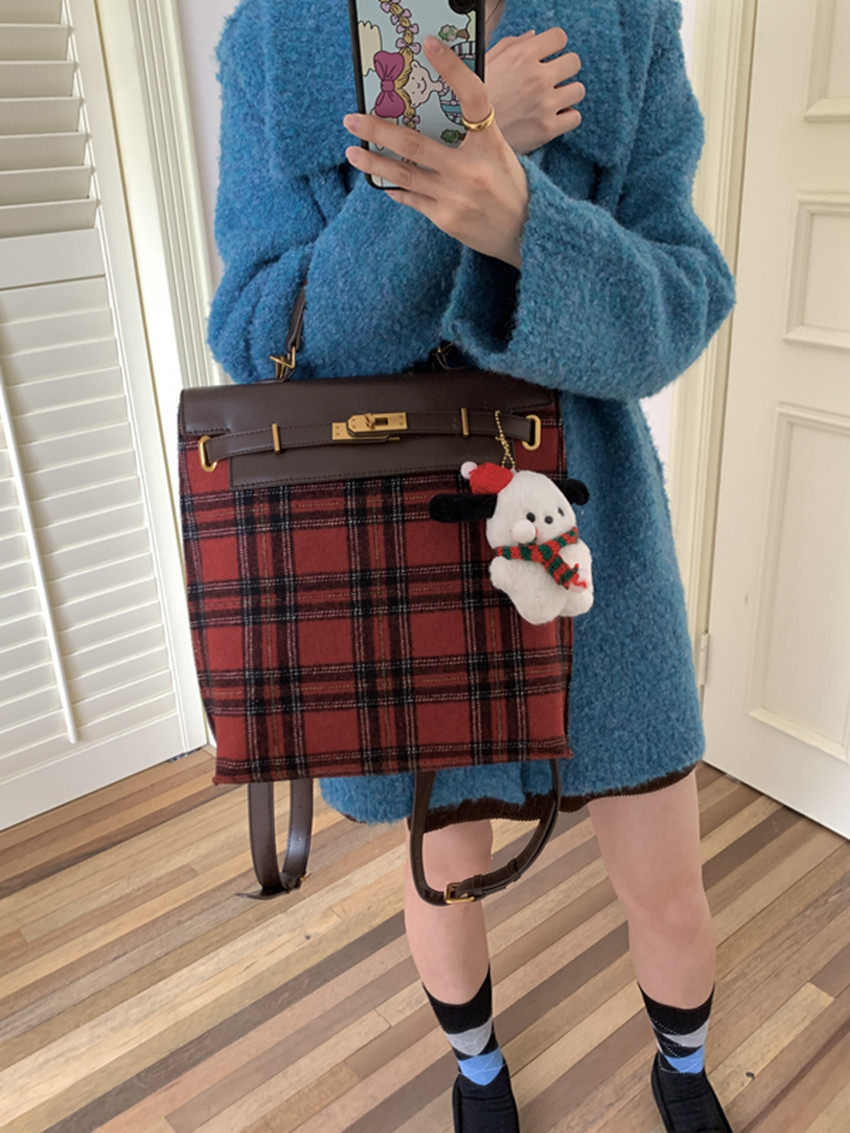 肥肥自制包包女2024新款新年包红格子拼色大容量凯莉手提双肩背包,箱包皮具/热销女包/男包,双肩背包,淘宝优惠券,粉丝福利购,淘宝优惠卷