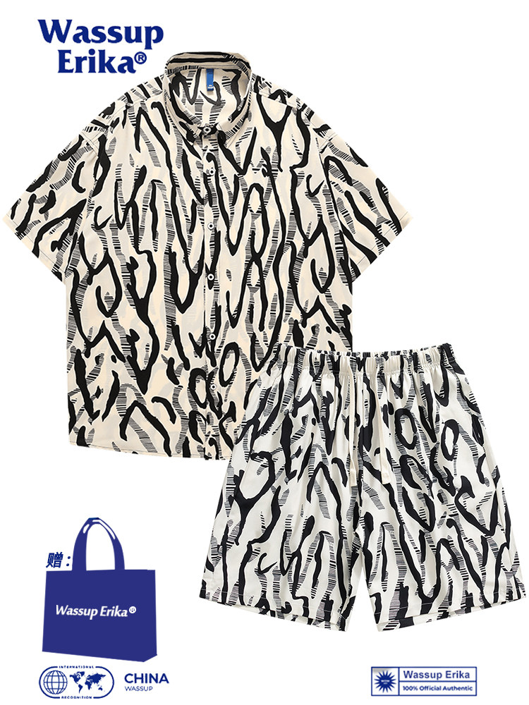 WASSUP ERIKA 하와이 스타일 셔츠 정장 남성 여름 방학 캐주얼 반팔 반바지 비치 플라워 셔츠