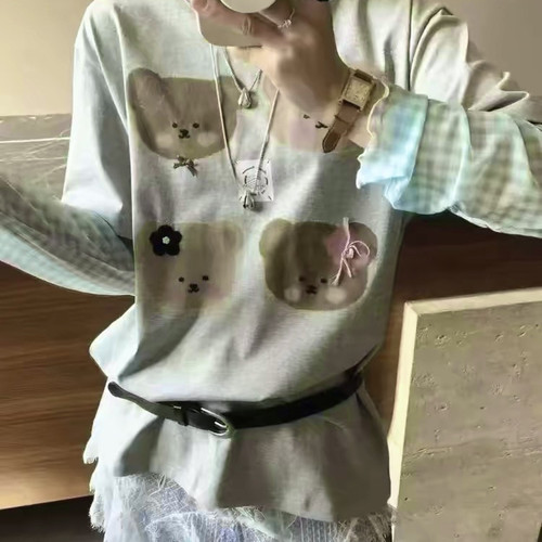爱立体重工刺绣猫咪头拼接宽松防晒长袖T恤26284