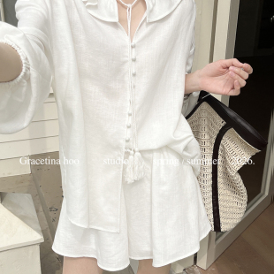 套装 休闲短裤 TZA796 亚麻木耳边ins风简约廓形衬衫