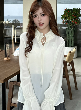 -26夏上新精致刺绣边法式荷叶领绑带小衫(不含下装)ysj-Y391