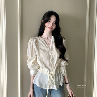 S8160 只卖小衫 精致蕾丝花边V领法式 衬衣收腰显瘦小衫