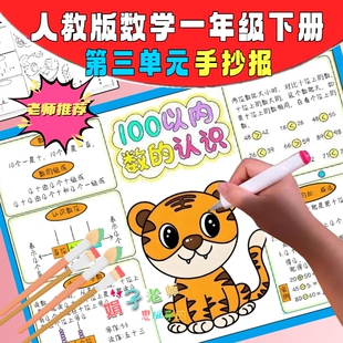 人教数学一年级下册第三单元100以内数的认识手绘手抄报线稿模版
