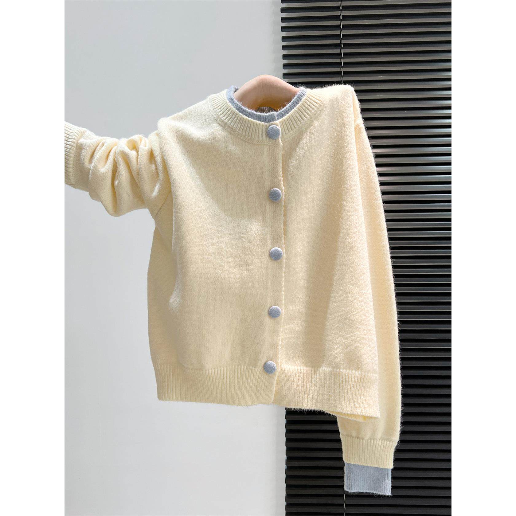 韩系撞色拼接假两件针织开衫女秋冬2025新款百搭圆领毛衣外套上衣