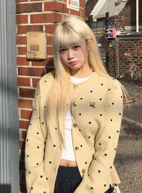 TCPE 波点针织开衫春新款复古学院高级感卷边领百搭显瘦毛衣外套