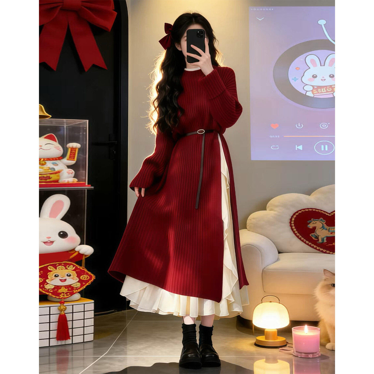 巨好看过新年红色针织连衣裙子女秋冬2026新款超火穿搭一整套早春