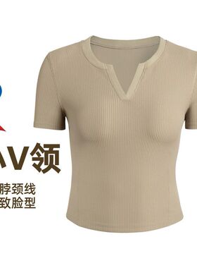 夏新款V领短袖女透气修身显瘦运动健身T恤上衣瑜伽服N