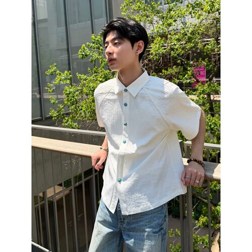 海洋之泪石肌理褶皱衬衫男女夏季高级感老钱风休闲百搭宽松衬衣潮