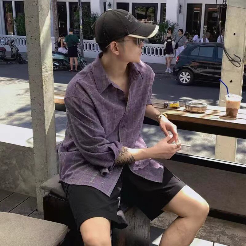 慵懒松弛感老钱风穿搭男士紫色衬衫休闲宽松防晒衬衣外套chic上衣