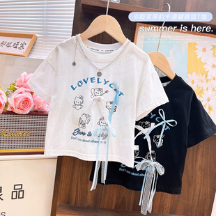 女童短袖 新款 百搭上衣 纯棉卡通蝴蝶结T恤2025夏季 韩韩良品亲子装