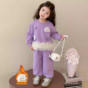 韩韩良品中大童加绒套装2025秋冬新款卡通网纱拼接卫衣卫裤两件套
