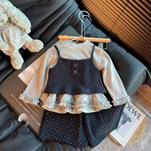 波点阔腿裤 韩韩良品中大童套装 马甲花边打底衫 新款 三件套 2025秋季