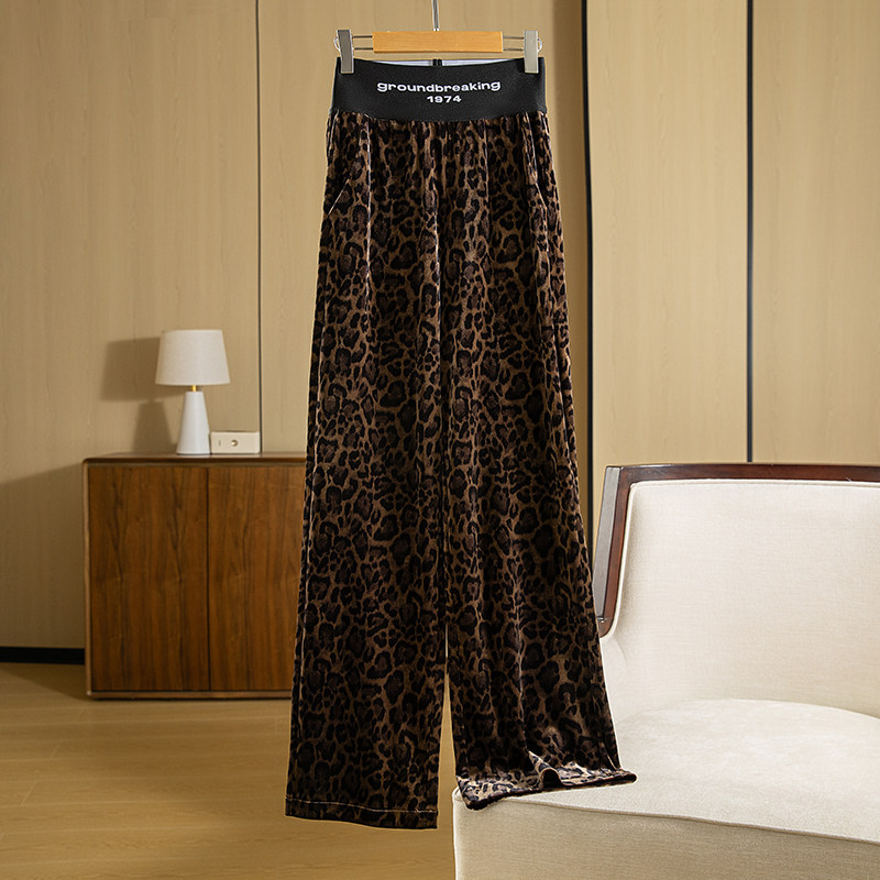 豹纹金丝绒裤子新款春秋款高端进口黑色直筒高腰垂坠宽松阔腿裤女,女装/女士精品,休闲裤,淘宝优惠券,粉丝福利购,淘宝优惠卷