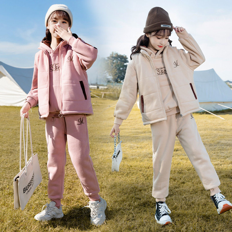 秋冬童装新品加绒加厚女童保暖套装 网红中大童卫衣三件套休闲潮