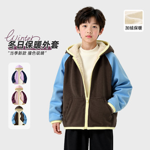秋冬款儿童加绒外套新款男女童羊羔绒内里摇粒绒连帽开衫上衣潮