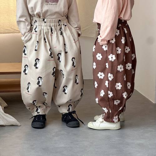 儿童碎花满印灯笼裤子男童秋装宽松休闲裤女童弯刀裤新款春秋长裤