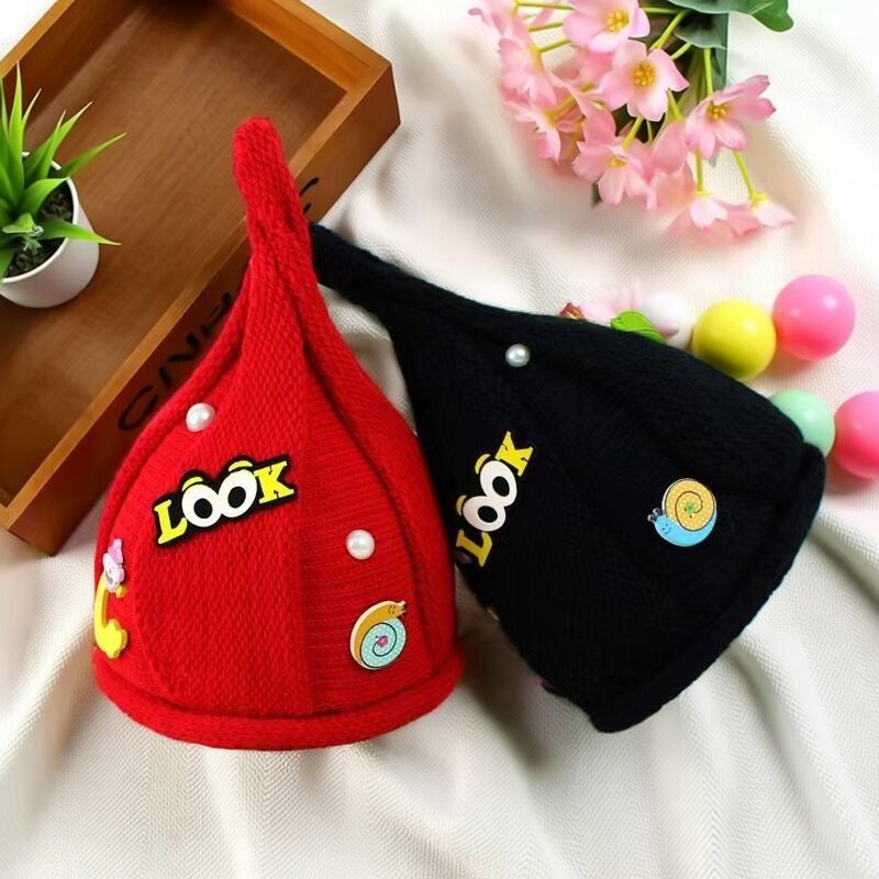 冬季儿童加绒保暖毛线针织帽子 女童钉珠可爱尖尖帽子宝宝毛线帽