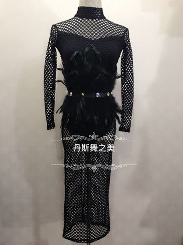 欧美流行渔网格连身服拉丁舞裙