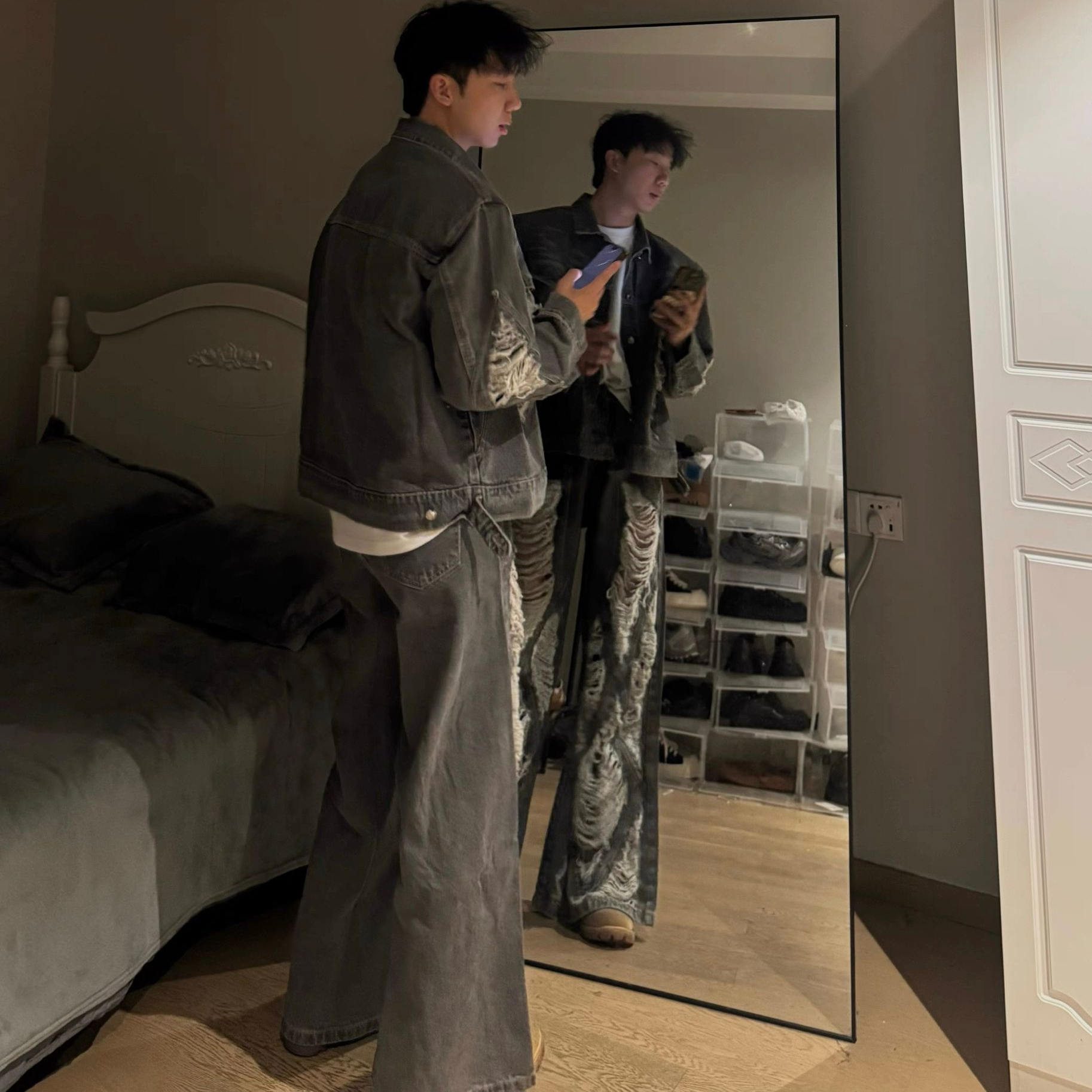 破风毛边设计做旧牛仔外套夹克