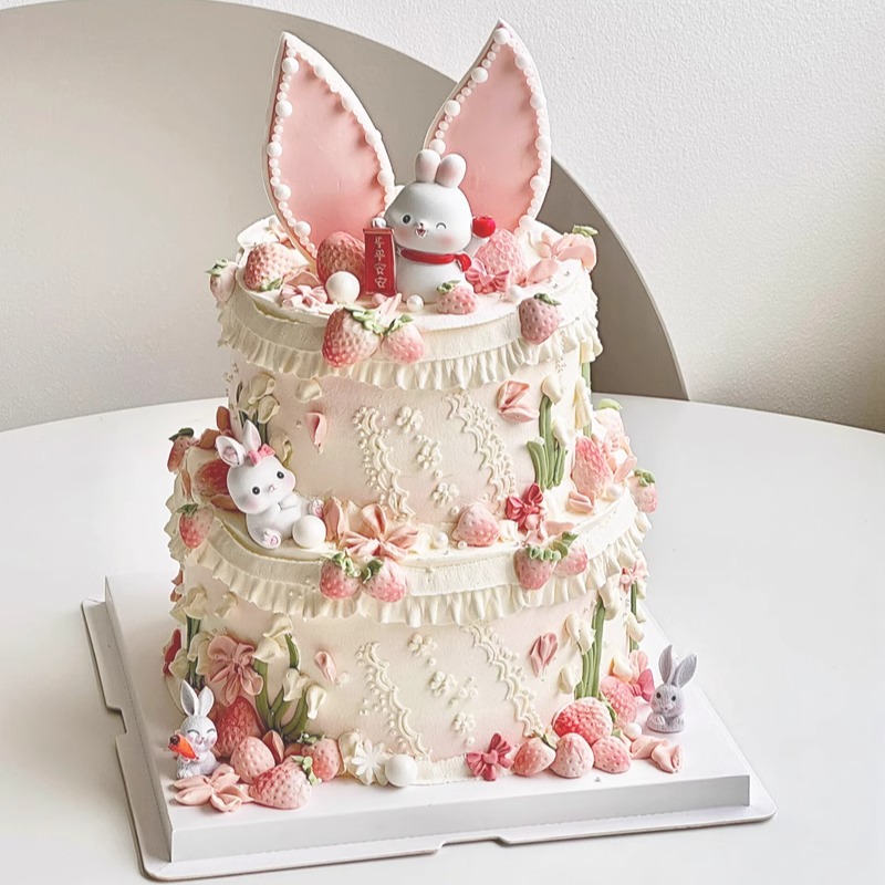 粉色兔耳朵蛋糕装饰插件小兔子新中式宝宝周岁礼草莓模具甜品插牌