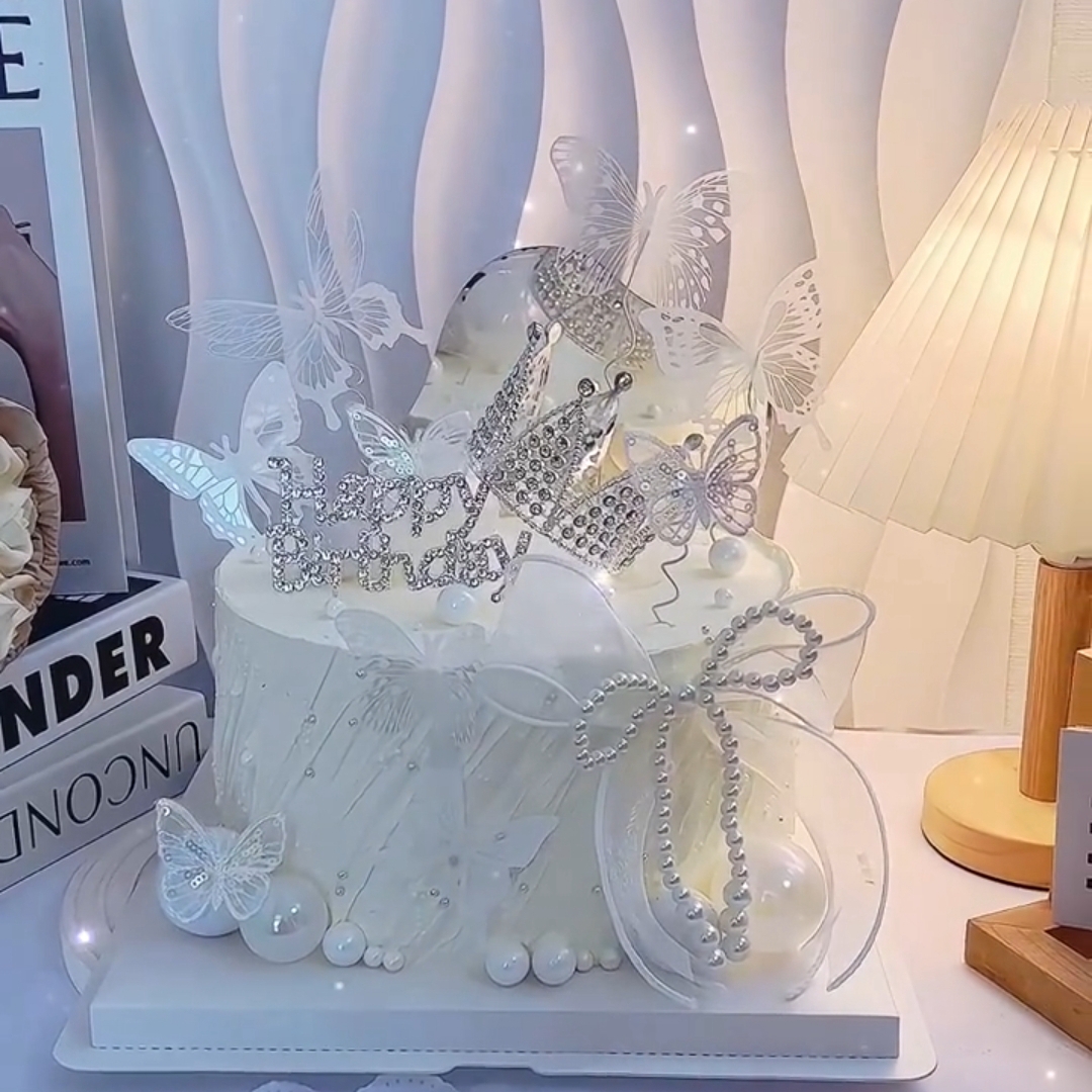 仙女风蝴蝶结蛋糕装饰插件蝶合金钻石皇冠HB生日快乐女神风小插牌