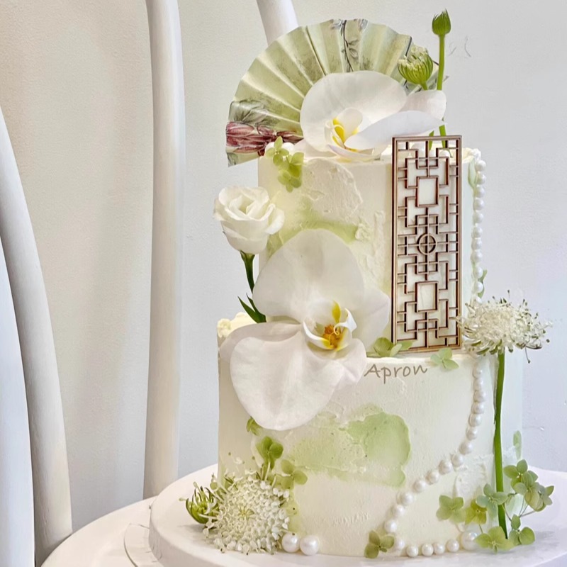 新中式森系绿色生日蛋糕装饰插件青花瓷水墨风桔梗荷花满天星插牌