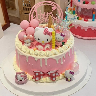 KT猫蛋糕装饰草莓水果猫咪花篮板凳kt女孩子粉色系烘焙蝴蝶结插件