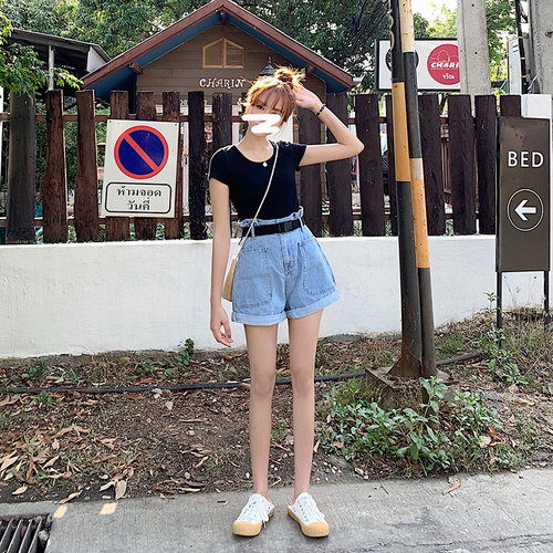 Short Slim Knitted Slim Sleeve tee with Real Price Korean Version Student Multicolor Basic Model