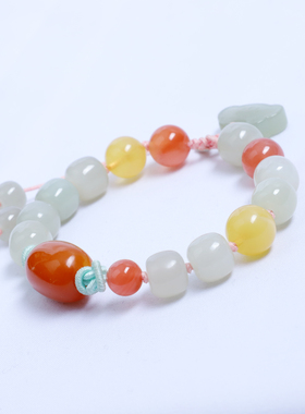 9*10mm和田玉手串女晴水搭配蜜蜡南红纯手工女士手镯礼物碧玉手链