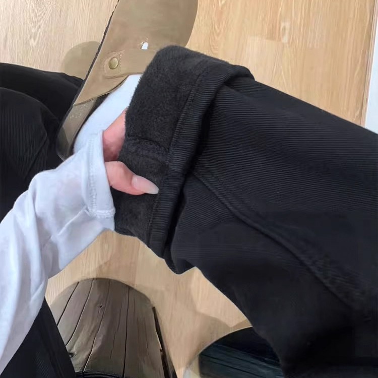 梨形胖mm黑色阔腿加绒加厚牛仔裤