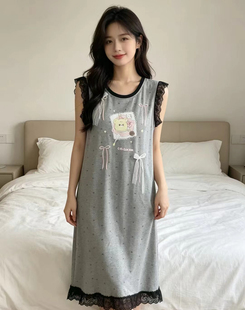 2026新款莱赛尔睡裙女夏季薄款可爱少女卡通印花砍袖睡衣家居服