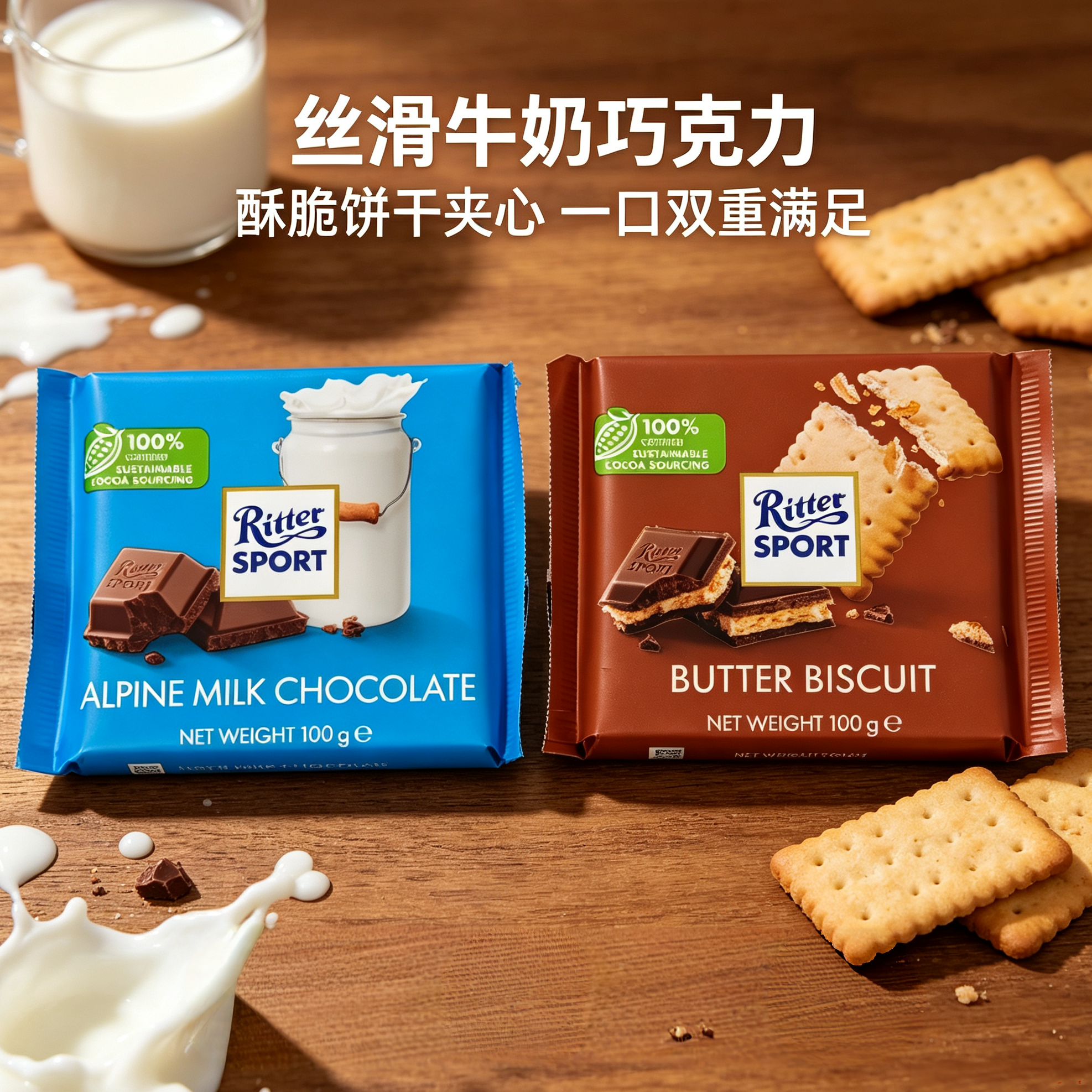 德国进口Ritter sport瑞特运动巧克力饼干夹心牛奶巧克力制品零食