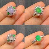 天然绿蛋紫蛋面戒指设计款 s925银镶