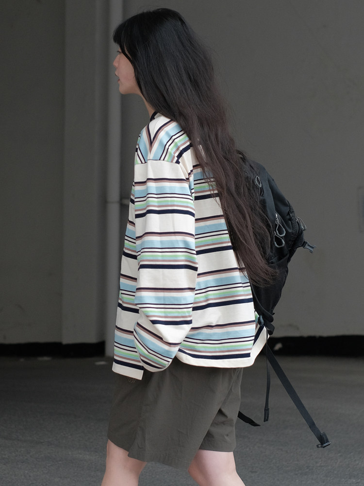 BUBBLE PLAS城市通勤长袖条纹打底T桖宽松男女春夏宽松蓝白条纹棉