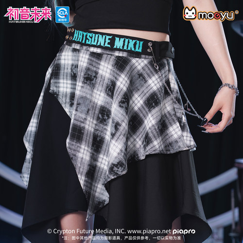 moeyu初音未来摇滚未来格纹半身裙女拼接不规则裙子女高腰短裙夏