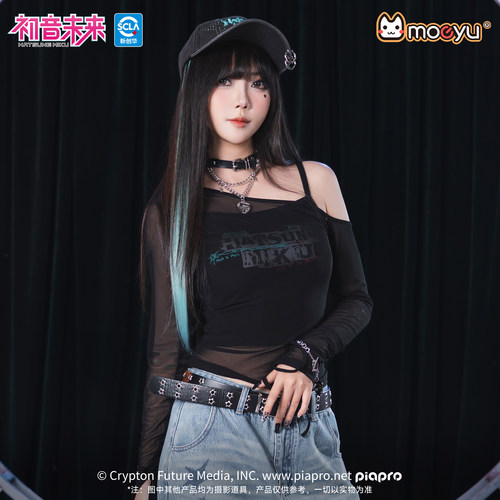 moeyu初音未来摇滚未来斜肩网纱长袖t恤女假两件甜辣吊带露肩上衣