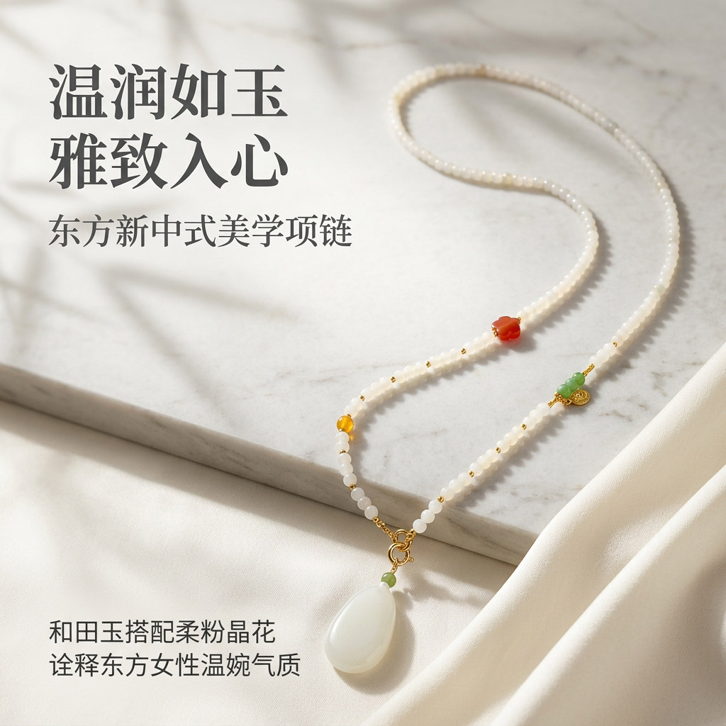 天然和田玉项链女新中式长款多宝珠链白玉水滴吊坠国风汉服毛衣链
