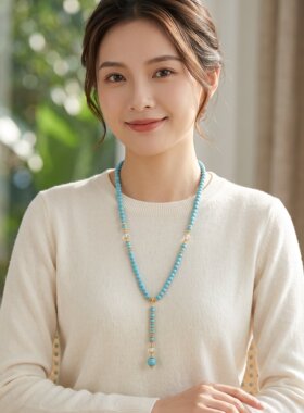 仿绿松石长款毛衣链新中式复古流苏项链百搭秋冬国风气质吊坠配饰