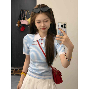 miu系穿搭polo领条纹正肩短袖针织衫T恤女2026夏季新款设计感上衣