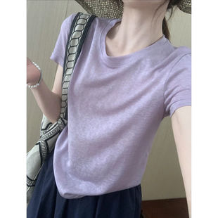 浅紫色短袖t恤女2026夏季新款韩版休闲宽松薄款简约风时髦上衣潮