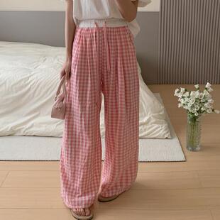 粉白格子裤女夏薄款松紧腰抽绳宽松直筒垂感百搭遛弯休闲阔腿长裤