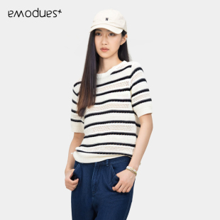 针织衫 emodues新款 百搭圆领条纹短袖 时尚 女装