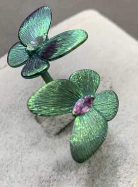 纯钛金蝴蝶戒指可调节戒圈不过敏不掉色 俏立 天然蓝宝石