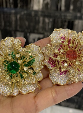 立体花朵胸花胸针别针高档 红色 绿色 锆石双层 55MM