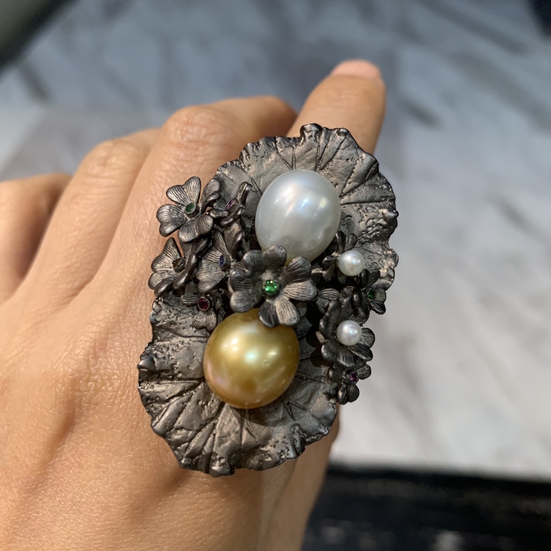 vintage 古董款天然南洋金珠和海水澳白珍珠戒指 夸张豪华款设计